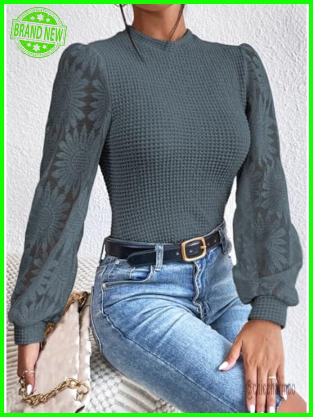 Women's Crochet Lace Long Sleeve Blouse Waffle Knit Tunic Crewneck Pullover - Picture 3 of 6